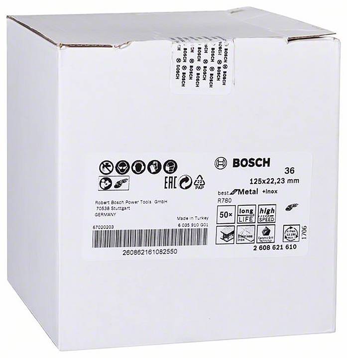 Confezione bianca con etichetta del prodotto. Stampa: 'Bosch', '125x22,23 mm', 'Metallo e Inox', simboli di sicurezza e riciclaggio, codice a barre.