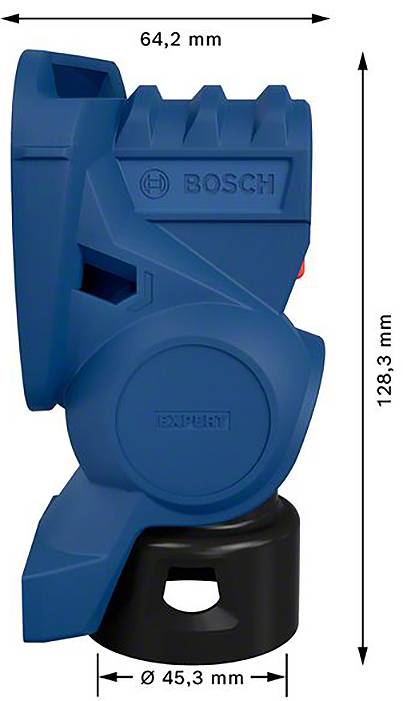 Rappresentazione laterale di un dispositivo Bosch blu con le dimensioni indicate: altezza 128,3 mm, larghezza 64,2 mm, diametro 45,3 mm.