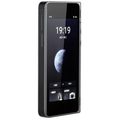 Un telefono nero con un display che mostra l'ora 19:19. Un'immagine della Terra è visualizzata sullo schermo.