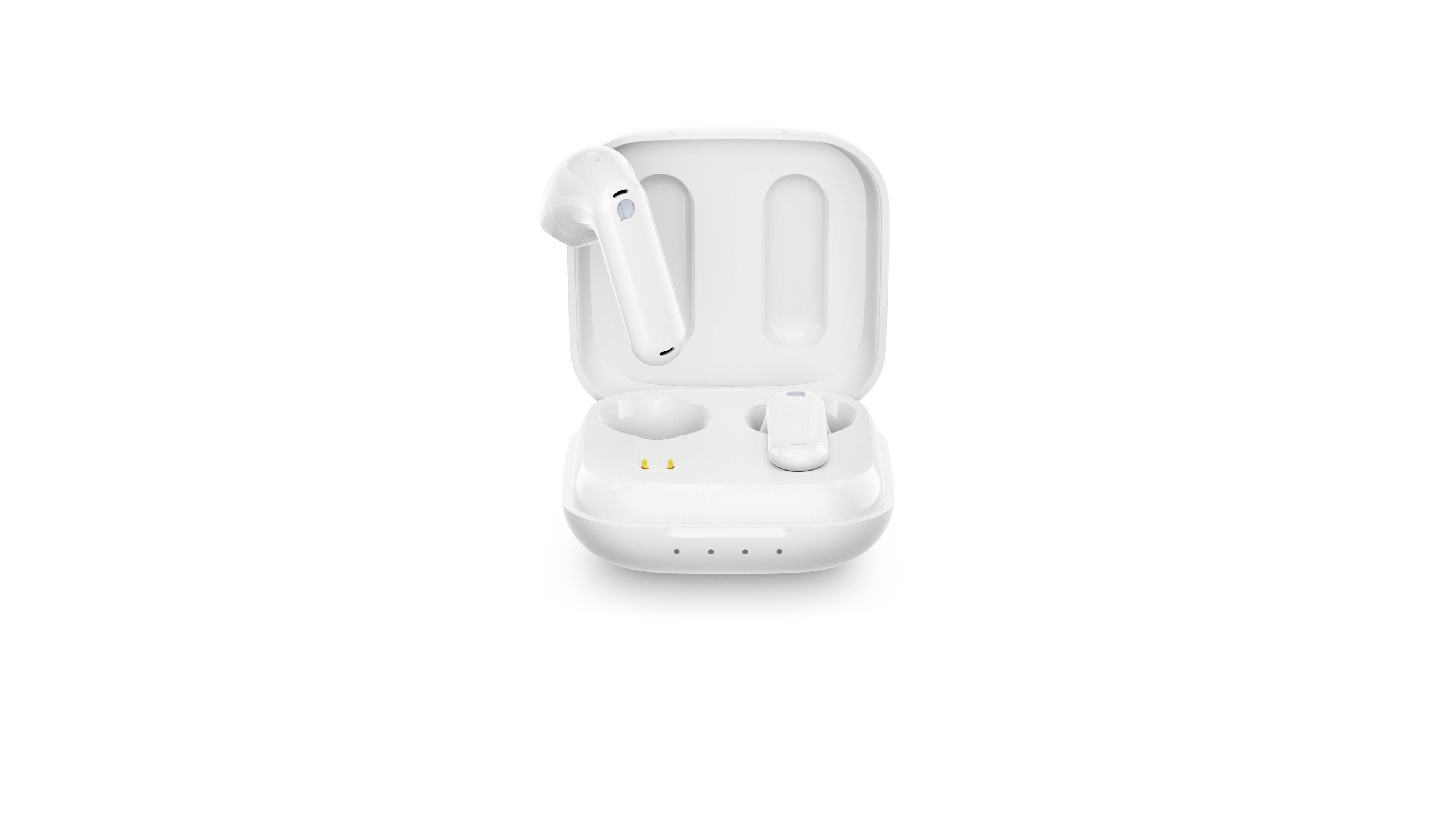 Auricolari wireless bianchi in un case di ricarica aperto, raffigurati su uno sfondo bianco.