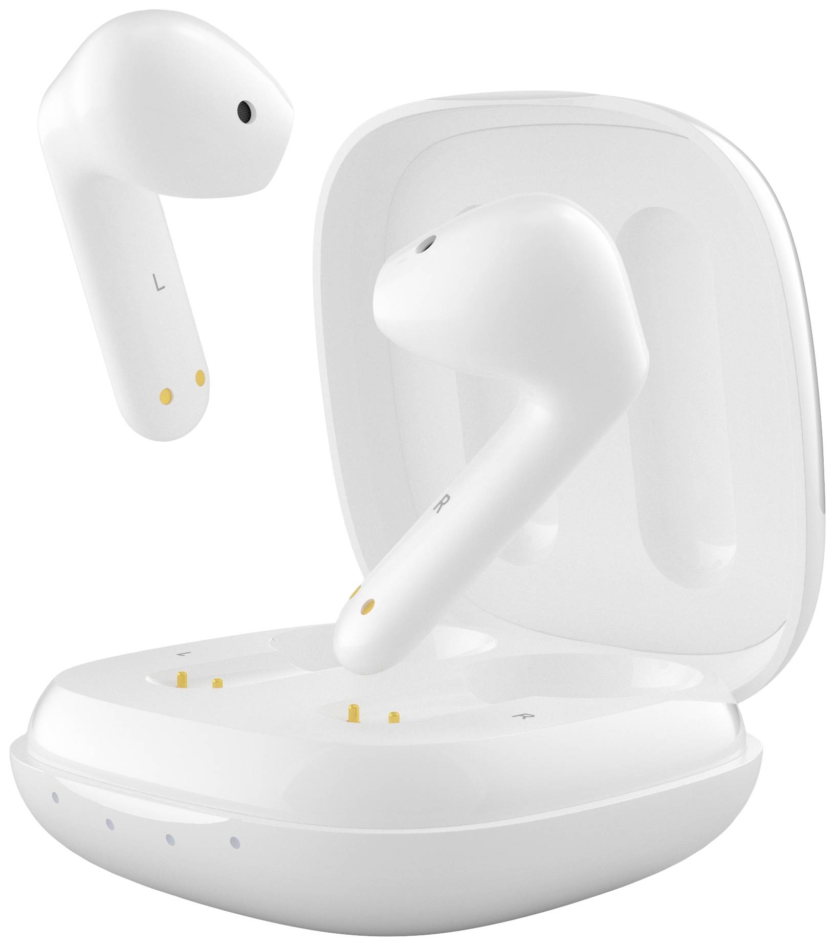 Auricolari wireless bianchi in un astuccio di ricarica aperto. Un auricolare è sospeso sopra l'astuccio, mentre l'altro è posizionato all'interno.