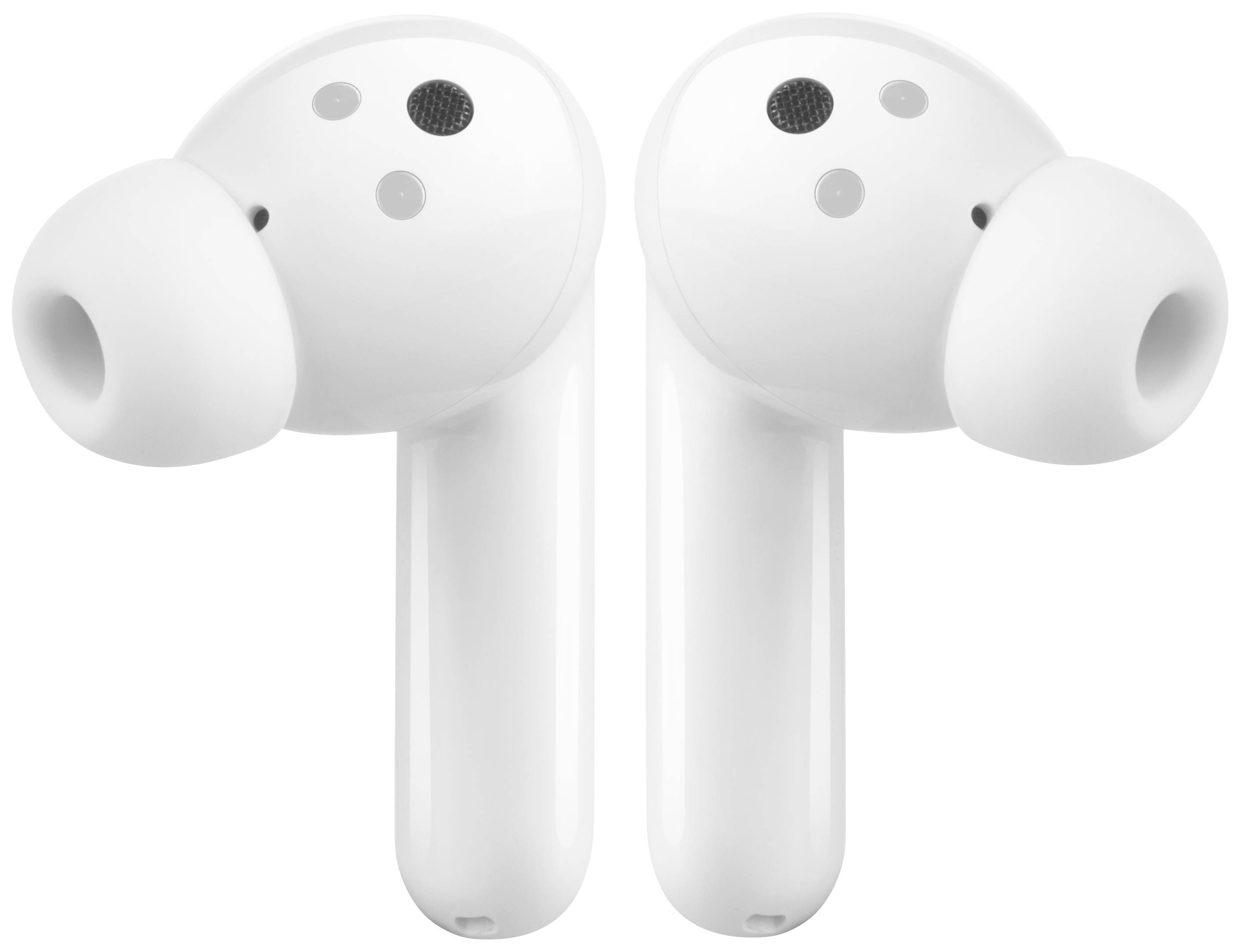 Cuffie in-ear wireless bianche con tappi auricolari ovali e aree sensoriali nere sulla superficie esterna, su sfondo bianco.