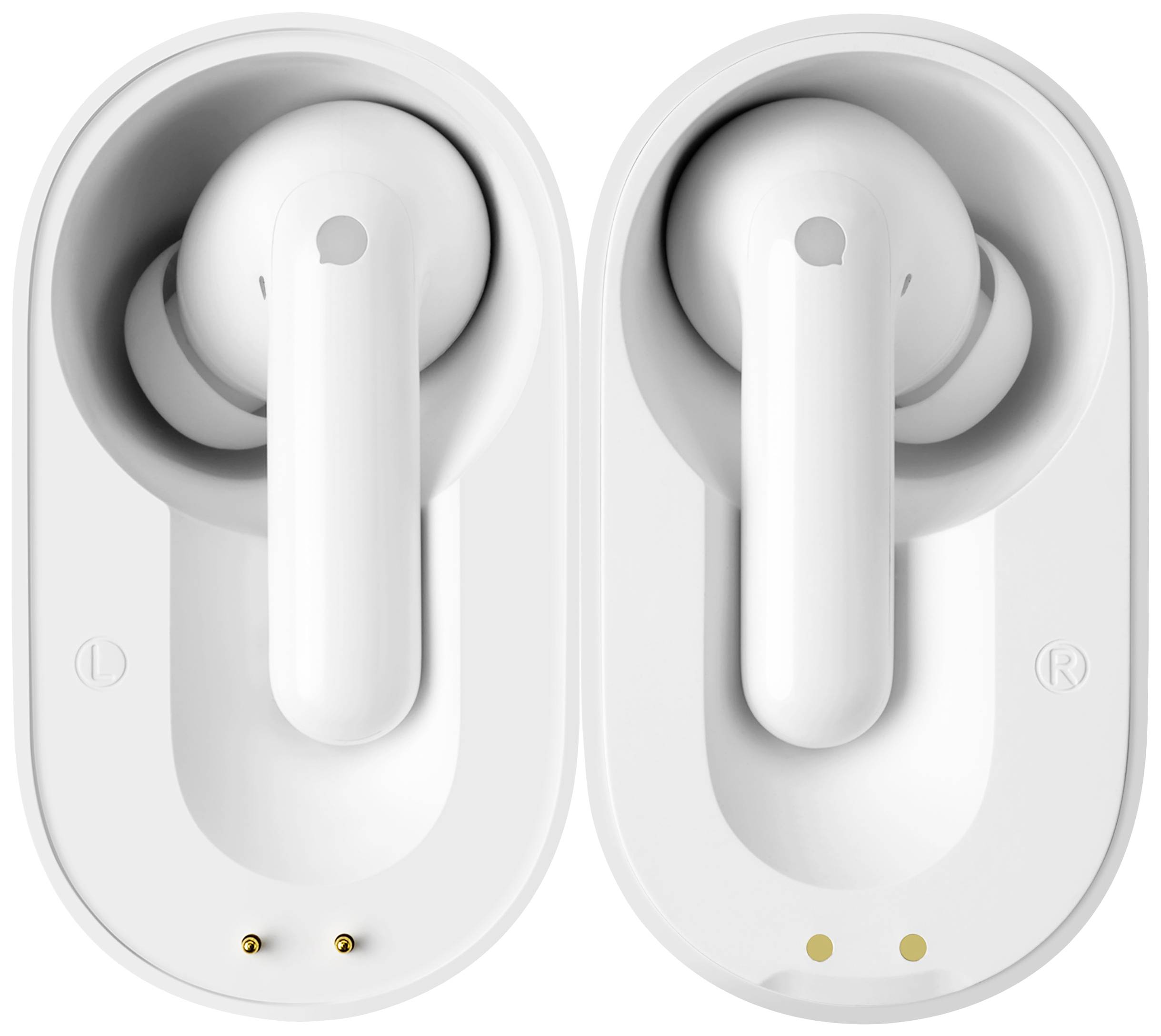 Auricolari wireless bianchi nella custodia di ricarica, con il pezzo sinistro e destro posizionati uno accanto all'altro.