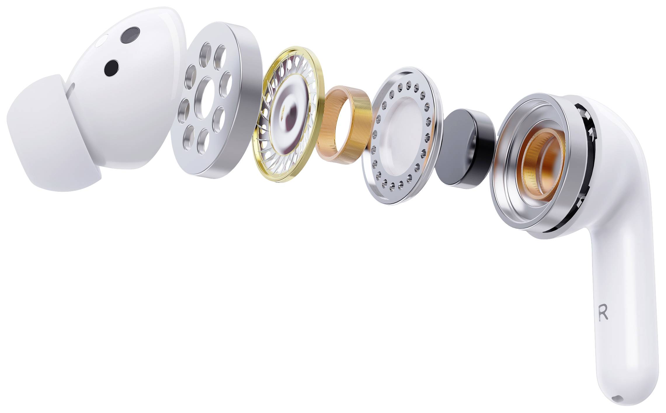 Rappresentazione esplosa di un auricolare wireless con più strati: involucro, driver, magneti e componenti elettroniche.