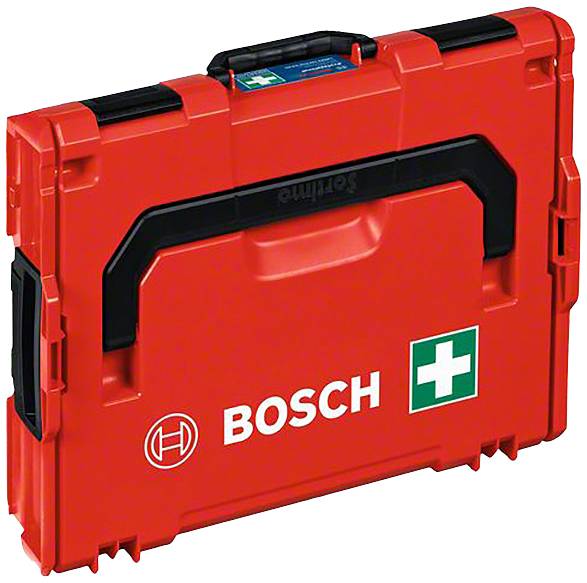 Cassetta di pronto soccorso rossa Bosch con simbolo della croce bianca e logo aziendale.