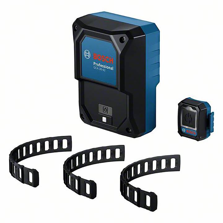 Un dispositivo laser Bosch Professional con supporto a parete, tre fascette di fissaggio e un piccolo telecomando.