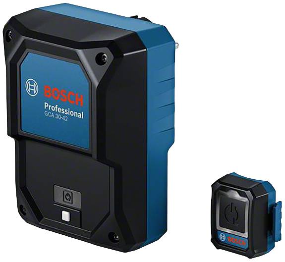 L'immagine mostra un dispositivo professionale Bosch Professional GCA 30-42 di colore blu e nero con un piccolo accessorio abbinato.