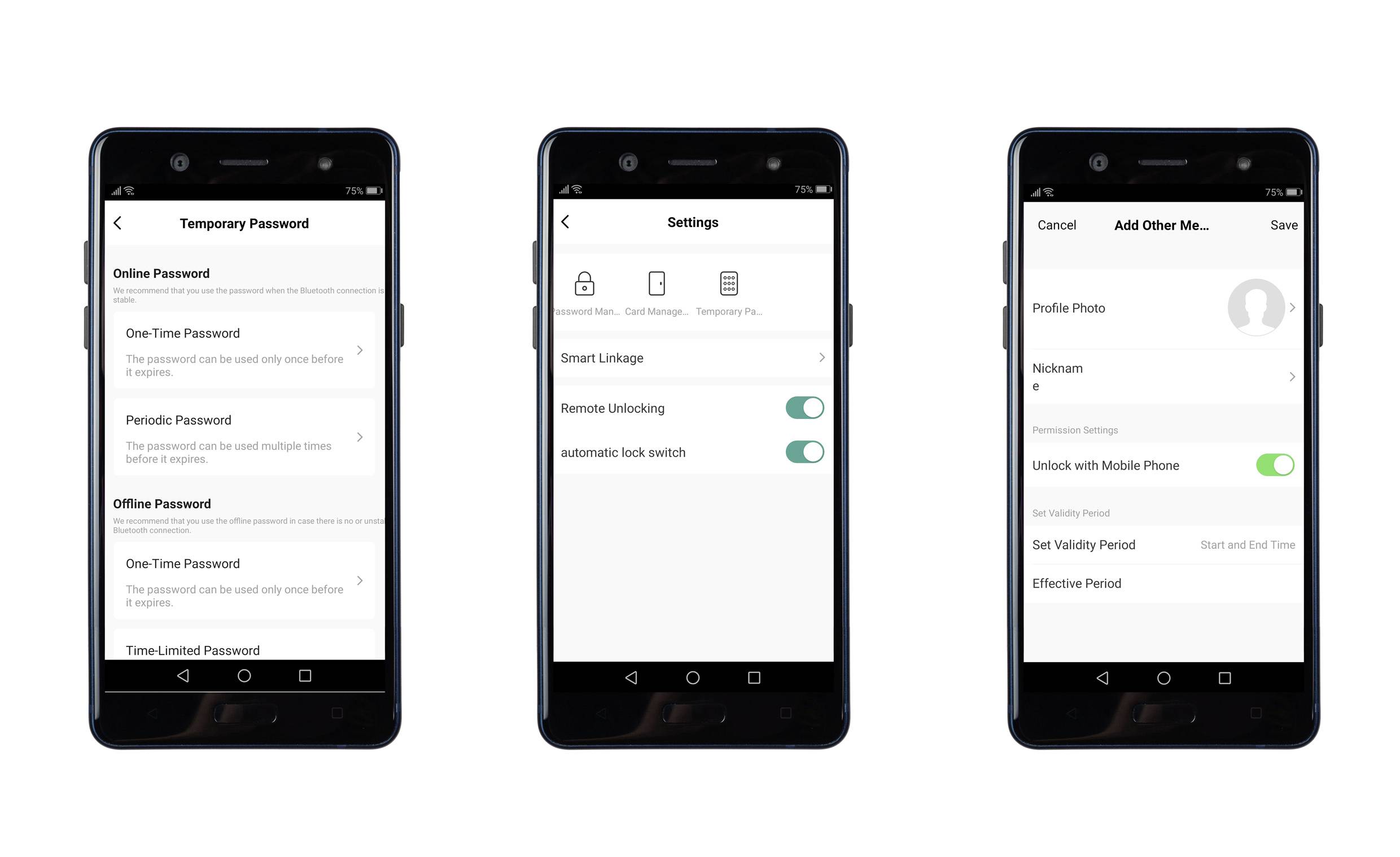 'Tre schermi di smartphone mostrano le impostazioni per password temporanee, collegament intelligenti e personalizzazioni del profilo utente.'