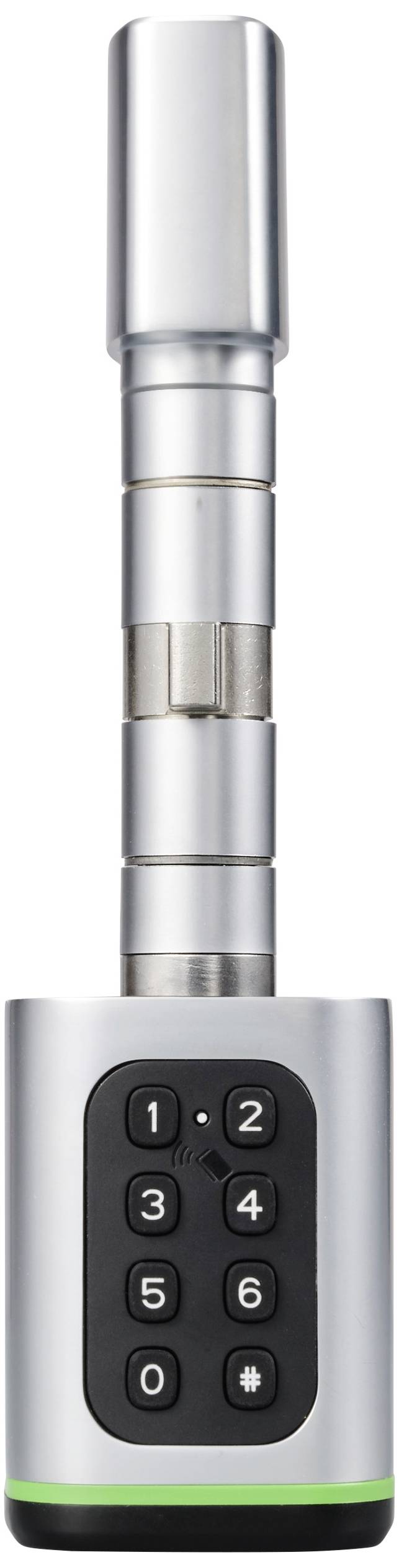 Una serratura argentata con un tastierino numerico che sporge dalla maniglia, per inserire un codice di accesso per il blocco.