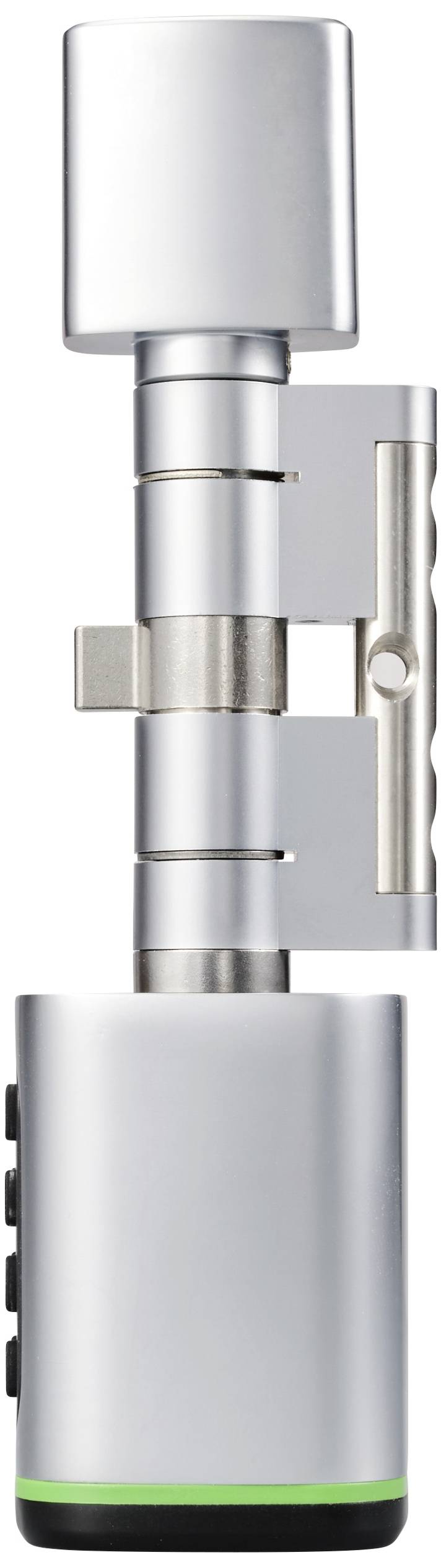 Cilindro elettronico in argento con anello luminoso verde e tastierino numerico, per il controllo digitale degli accessi. Ideale per sistemi di sicurezza moderni.