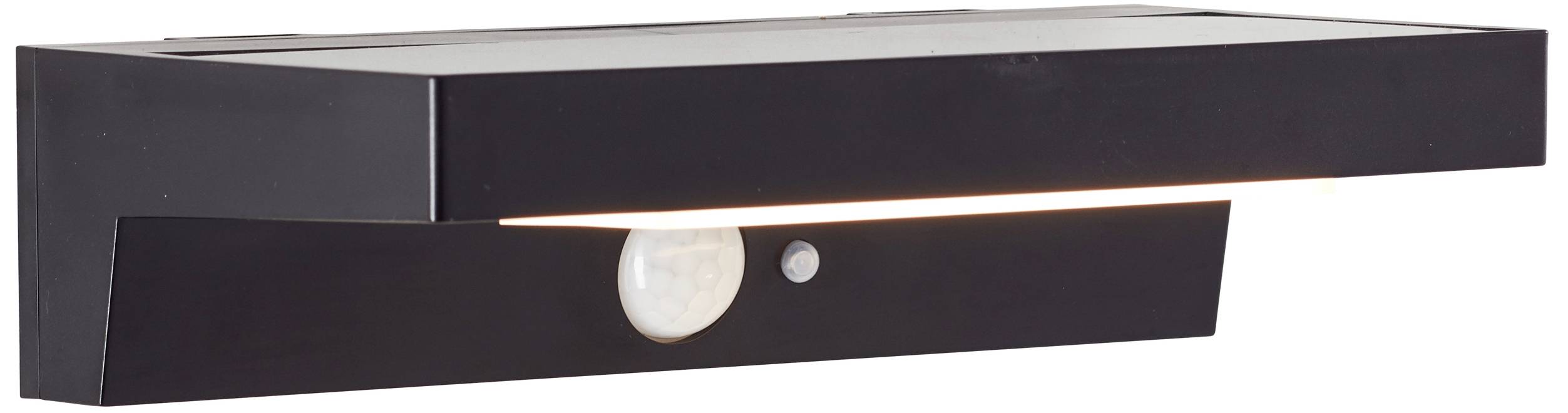 Applique da parete nera con sensore di movimento, con illuminazione rivolta verso il basso. Adatta per esterno, aumenta la sicurezza notturna.