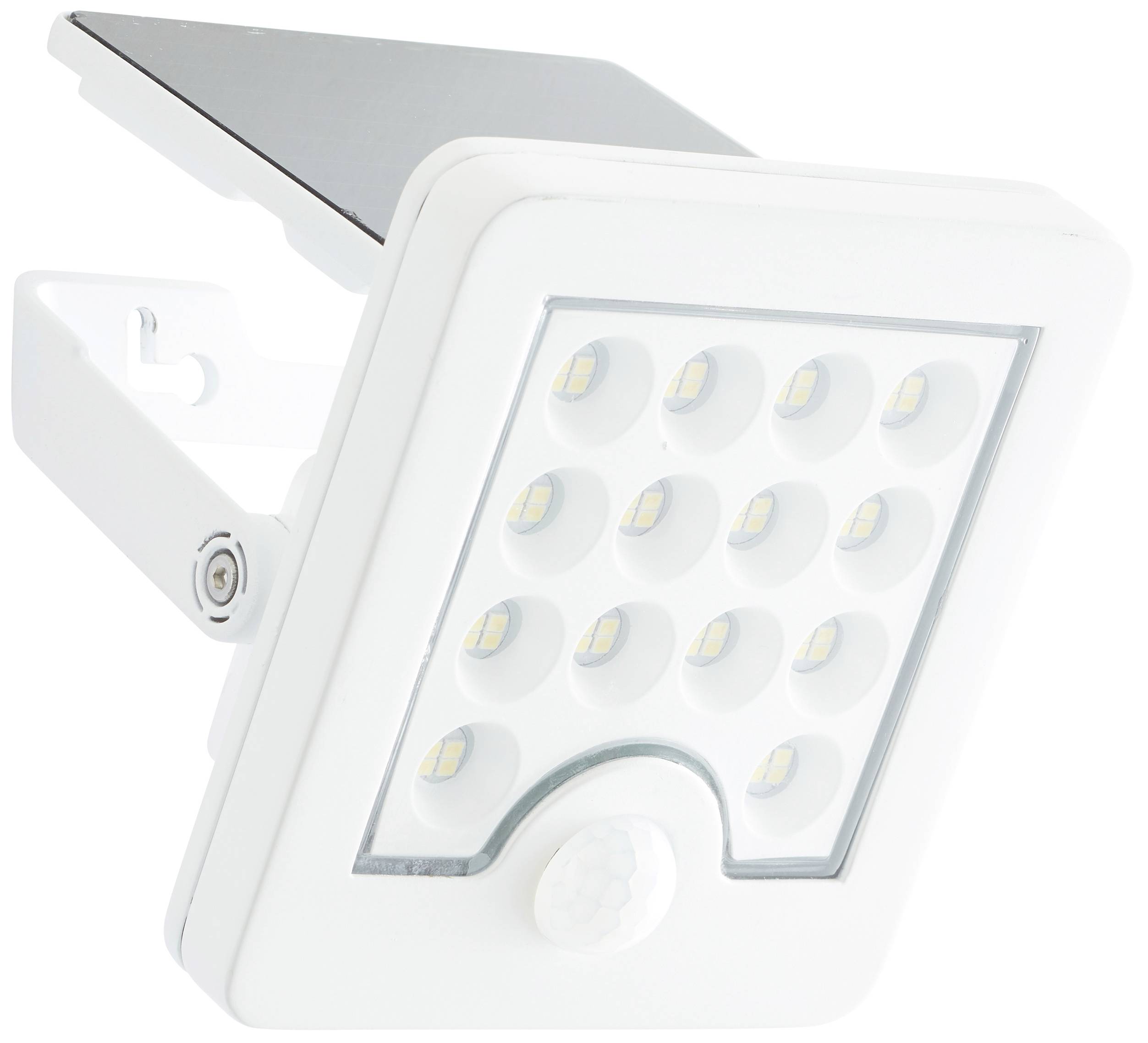 Un pannello luminoso LED rettangolare bianco con 12 diodi illuminanti e un sensore di movimento posto sul lato inferiore, montato su un supporto regolabile.