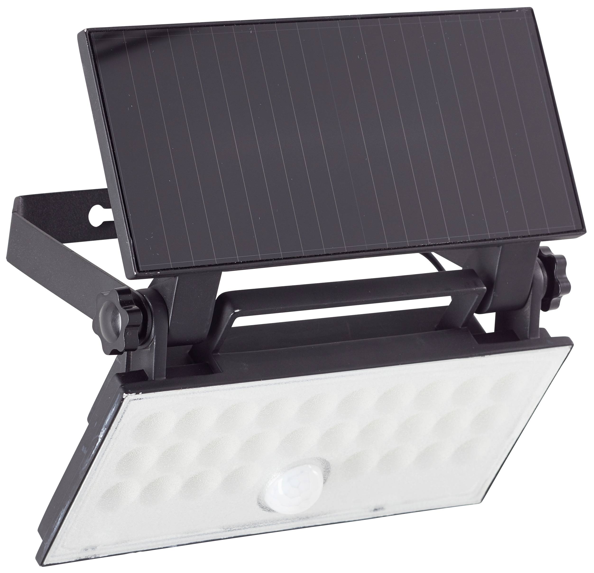 Lampada solare da esterno con pannello solare rettangolare e luce LED sottostante, idonea per l'illuminazione esterna a basso consumo energetico.