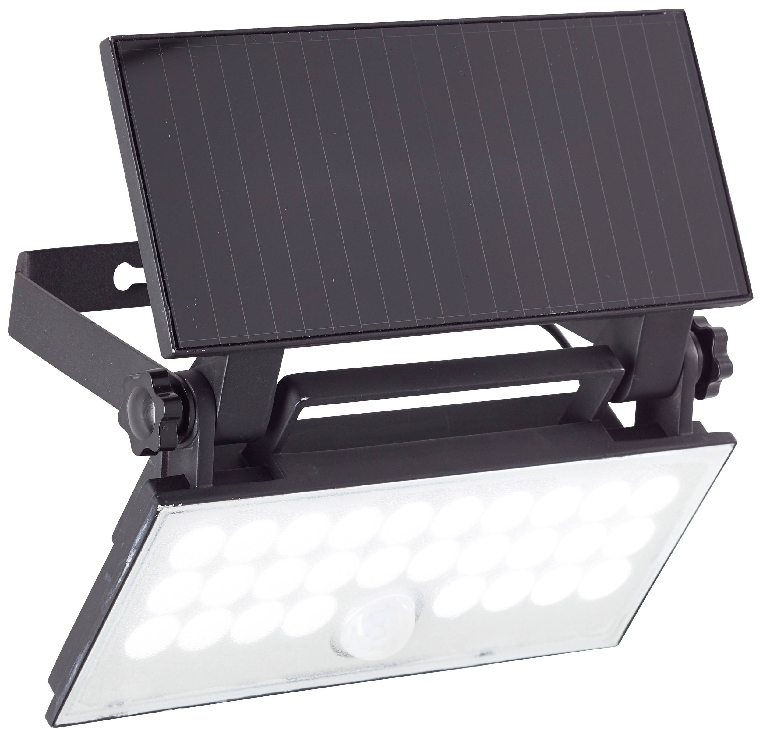 Un proiettore LED alimentato a energia solare con involucro nero e pannello solare. Ideale per l'illuminazione esterna ed energeticamente efficiente grazie all'energia solare.