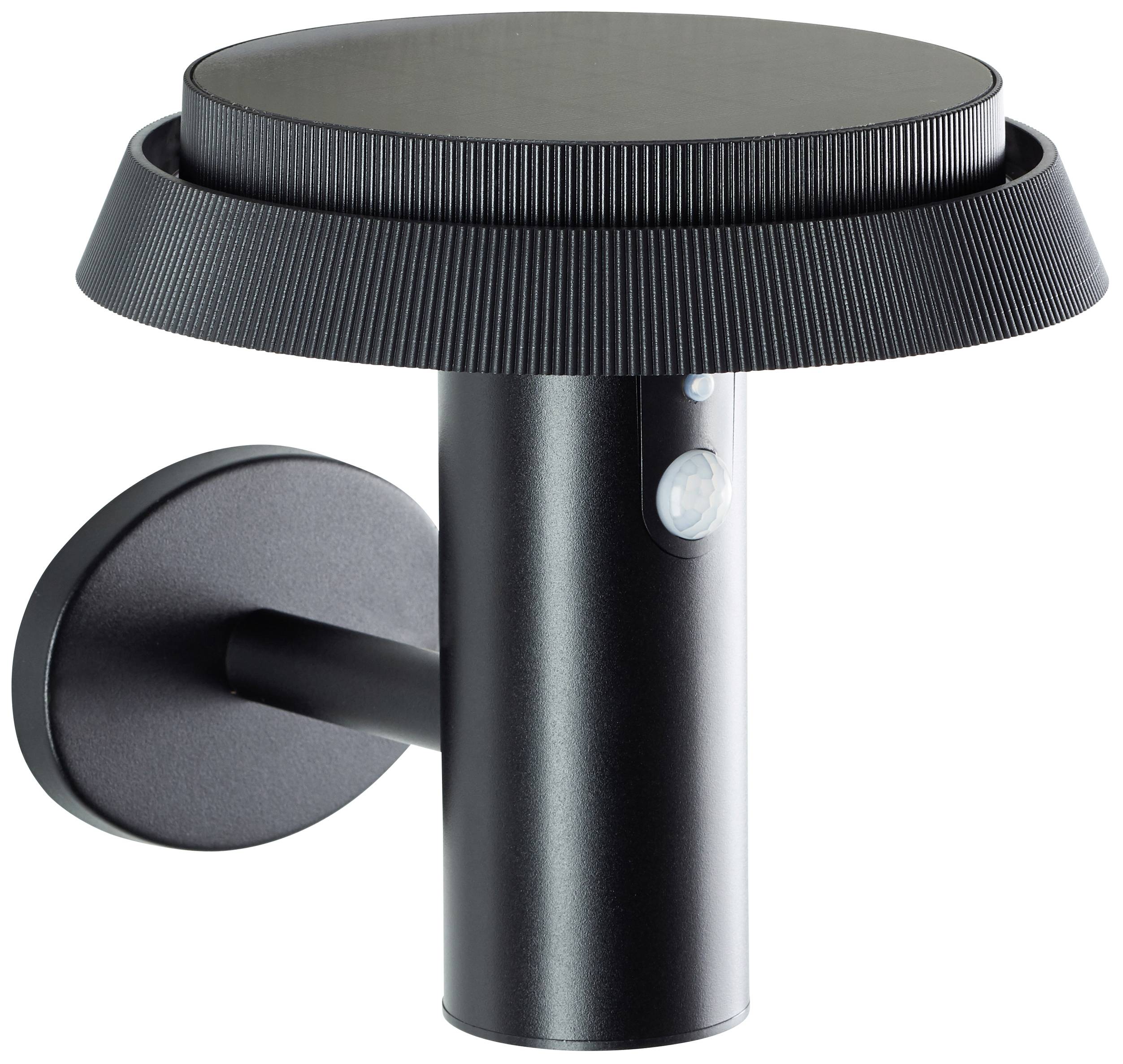 Lampada da esterno nera con pannello solare circolare nella parte superiore, fissata a una staffa a parete. Ideale per un'illuminazione esterna ecologica.