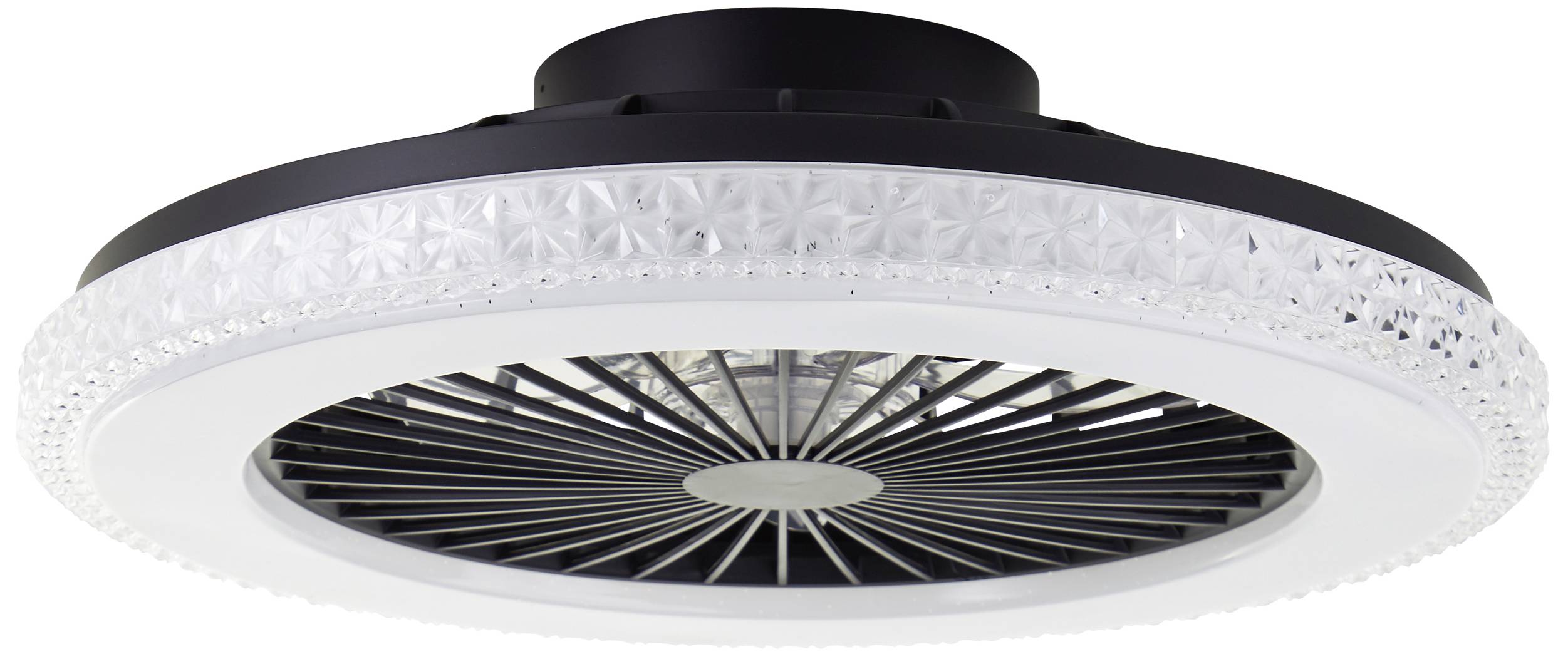 Plafoniera LED rotonda con ventilatore integrato, bordo nero e decorazioni esterne cristalline.