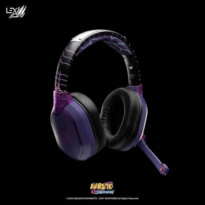 Cuffie in stile 'Naruto Shippuden' con dettagli viola e neri, con microfono integrato.