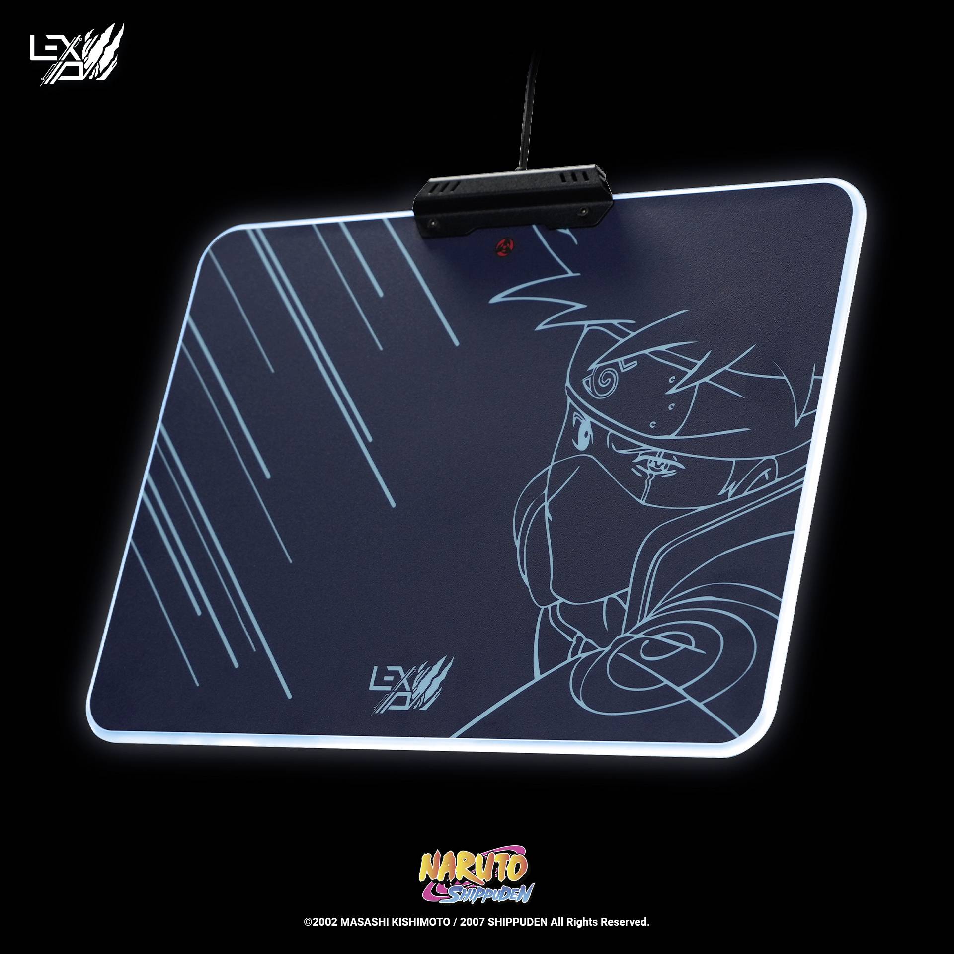 Un tablet grafico con illuminazione LED e un ritratto disegnato di un personaggio mascherato con fascia per la testa.