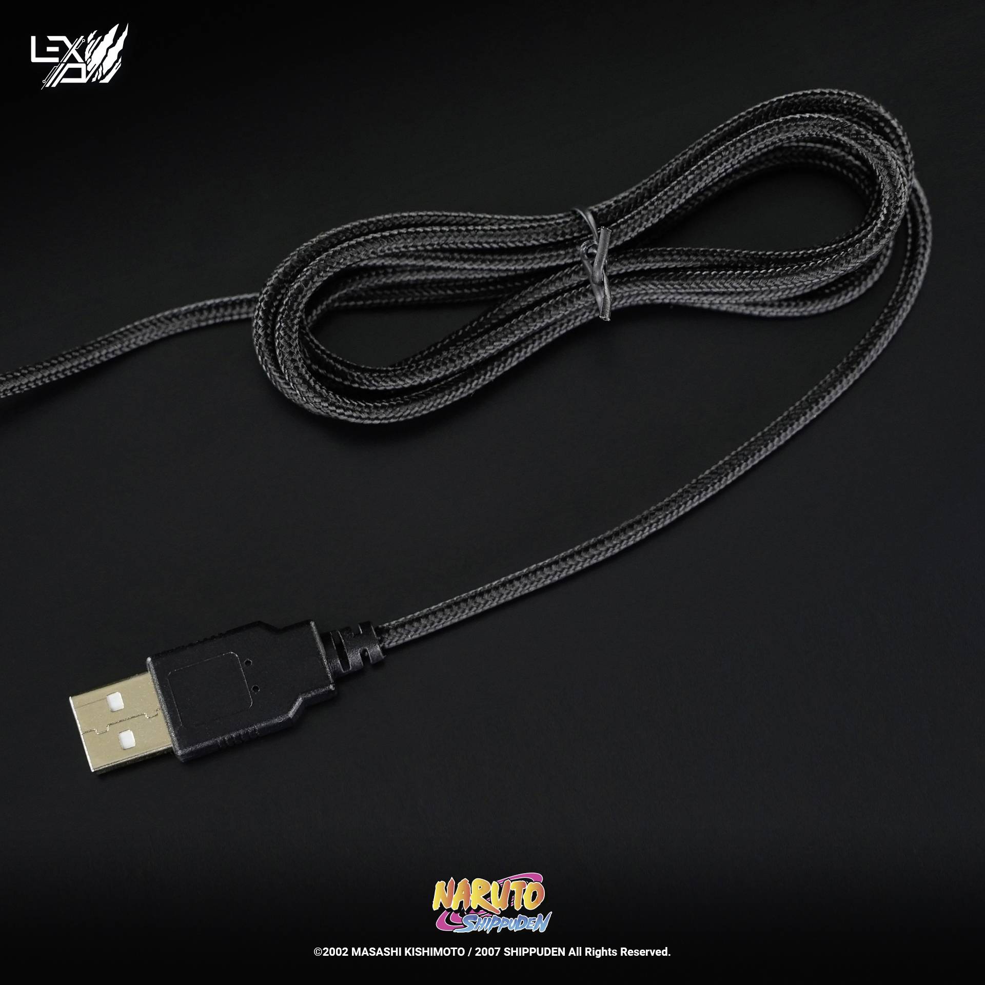 Un cavo USB arrotolato su uno sfondo nero. A un'estremità è visibile un connettore USB-A standard.