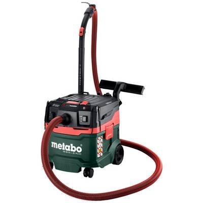 Aspirapolvere Metabo bagnato/asciutto con tubo rosso e bacchetta, mostrato su sfondo bianco.