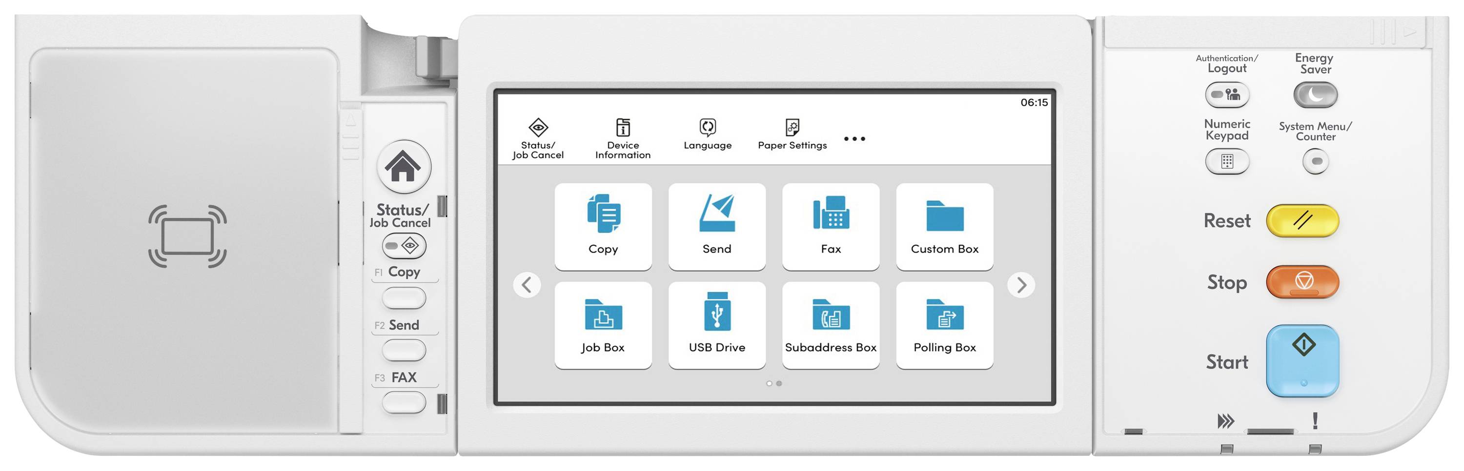 Un pannello di controllo bianco per stampante multifunzione con schermo touch. Pulsanti a destra per i comandi di copia: Copia, Stop, Avvia.