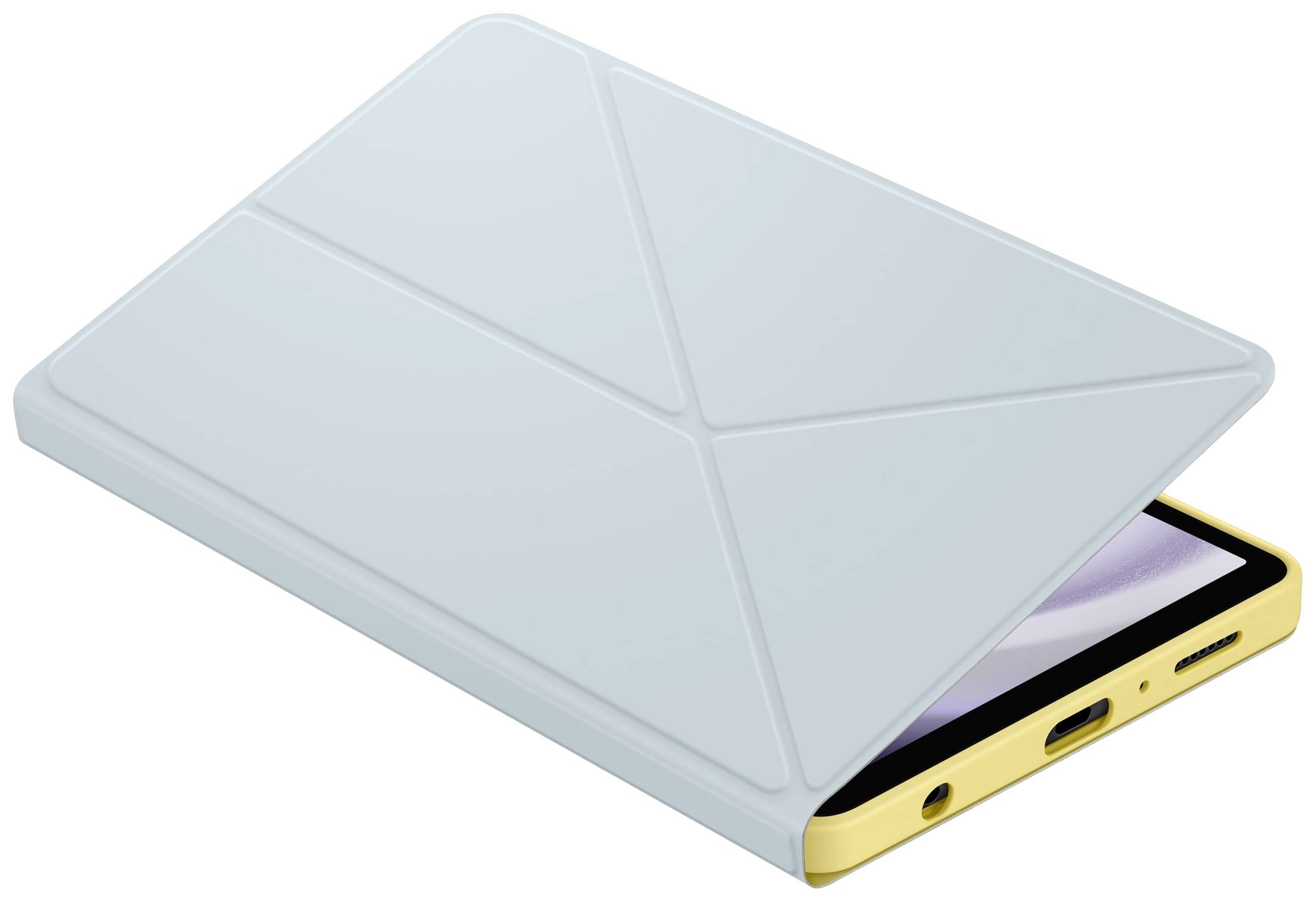 Uno smartphone giallo con una copertura protettiva parzialmente chiusa, piegata a forma di triangolo, è posizionato su una superficie.