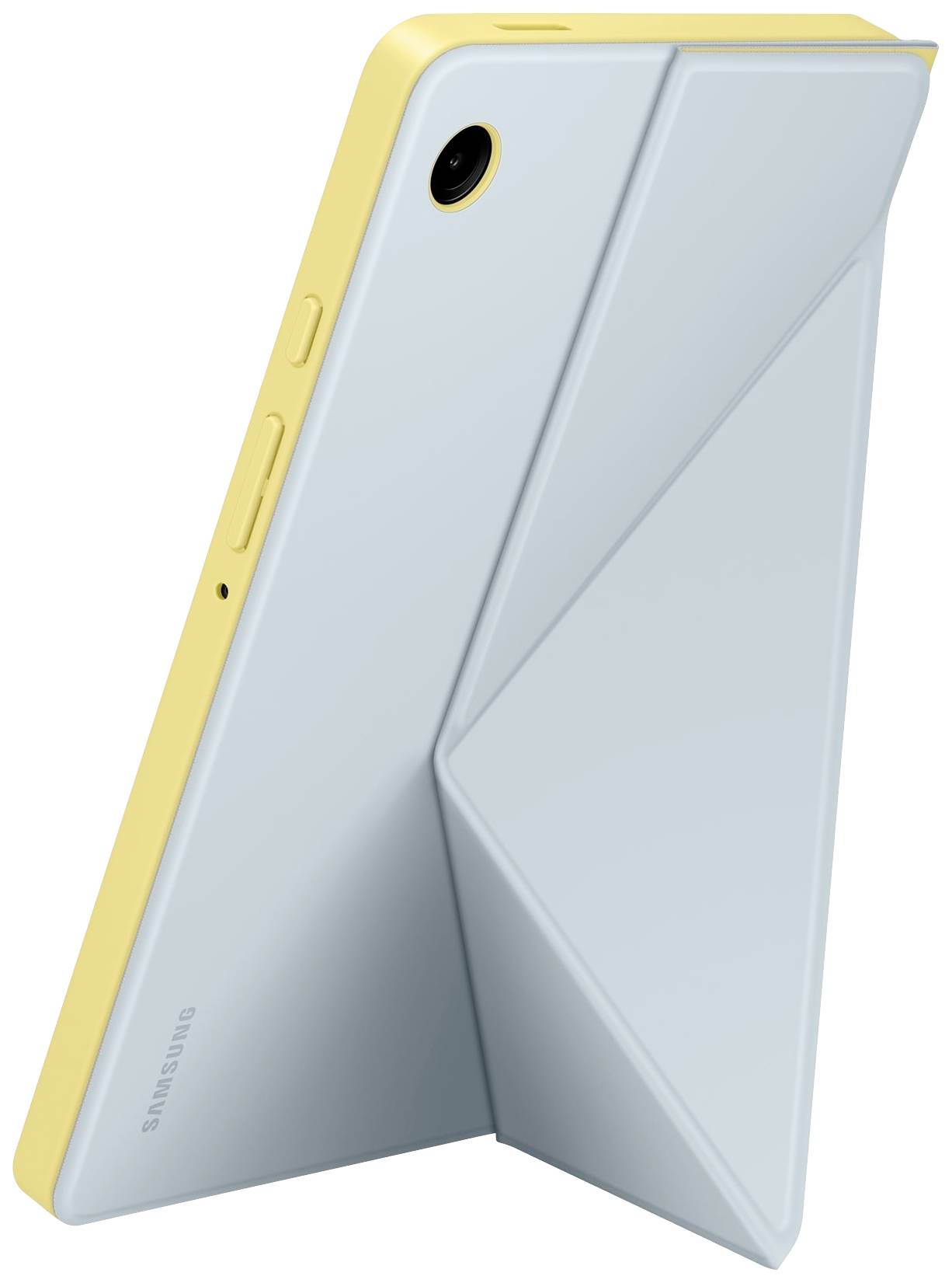 Un tablet Samsung giallo con una custodia protettiva blu chiaro che funge da supporto, posto in una vista angolata.