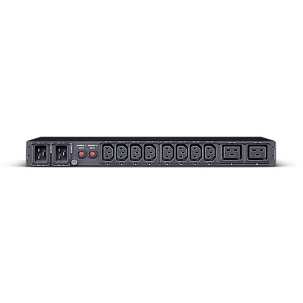 Presa multipla elettrica con nove connessioni e due pulsanti rossi, adatta per sale server. Vista posteriore.