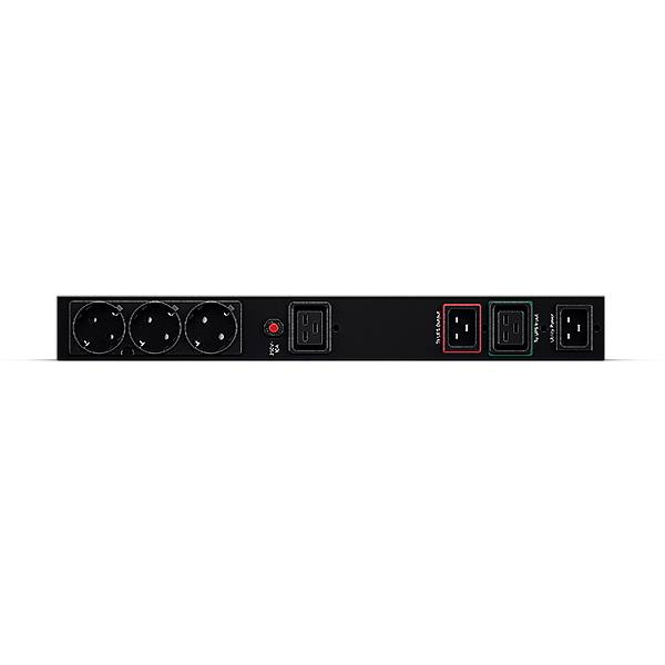 Multipresa nera con quattro prese Schuko sul lato sinistro e diversi alloggiamenti quadrati sul lato destro, idonea per rack server.
