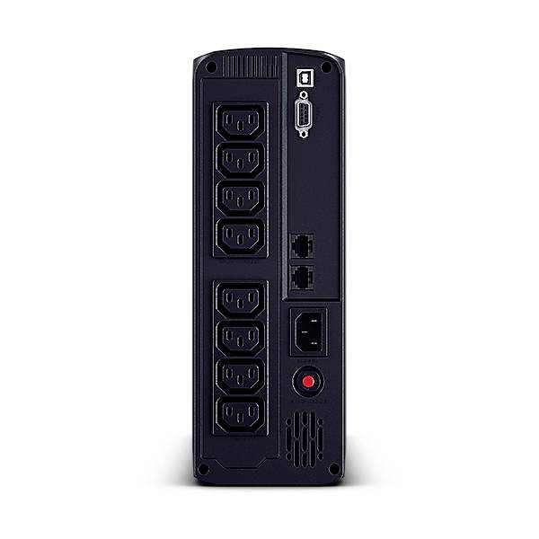 Alimentatore di continuità (UPS) nero con multiple prese e connettori sul retro.