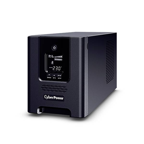 Un dispositivo nero di CyberPower con un display che mostra '230V'. Ha feritoie di ventilazione sul lato.