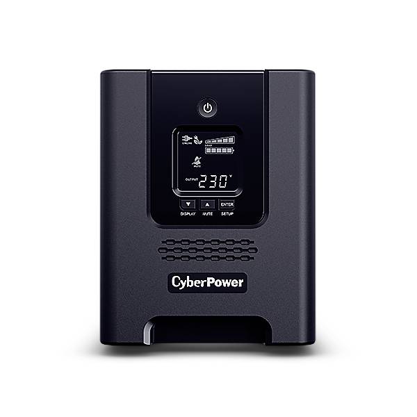 Un dispositivo UPS nero con un display digitale che mostra 'CyberPower'. Il display indica la tensione (230V) e lo stato di carica della batteria.