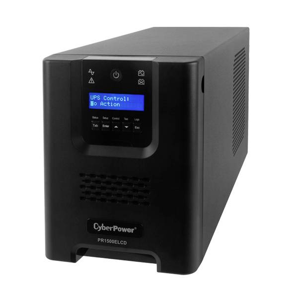 Un sistema di alimentazione ininterrotta (UPS) di CyberPower con display LCD, mostra 'UPS Control: No Action' su schermo blu.