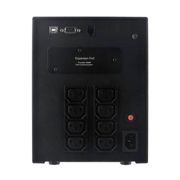 Retro di un dispositivo nero con più attacchi per prese elettriche, una porta USB e un pulsante rosso, probabilmente un dispositivo di alimentazione elettrica.