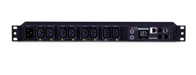'Rack PDU con serie di prese, display e connessioni di rete per il monitoraggio e il controllo dell'alimentazione elettrica.'