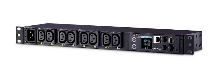 Un distributore di corrente rack con otto slot, indicatori LED e connessioni di rete. Consente la gestione e il monitoraggio dell'energia.