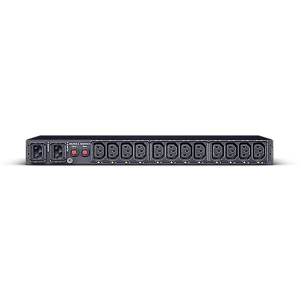 Una ciabatta elettrica nera con dodici prese e due pulsanti rossi sul lato sinistro. Ideale per la distribuzione dell'energia elettrica nelle sale server.