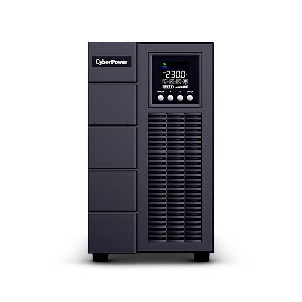Un dispositivo UPS nero di CyberPower con display digitale. Il display mostra '230,0 V'. Ha pulsanti di controllo sotto lo schermo.