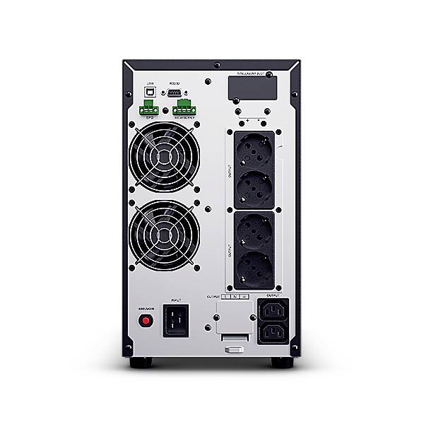 Il retro di un dispositivo elettronico con fessure di ventilazione, quattro prese elettriche, due ventole di raffreddamento, porte USB e connessioni di rete.