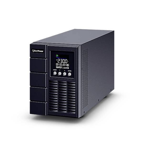 Dispositivo UPS 'CyberPower' con display che mostra la tensione di ingresso a 230V, la tensione di uscita, lo stato di carica e la modalità. Involucro nero rettangolare.