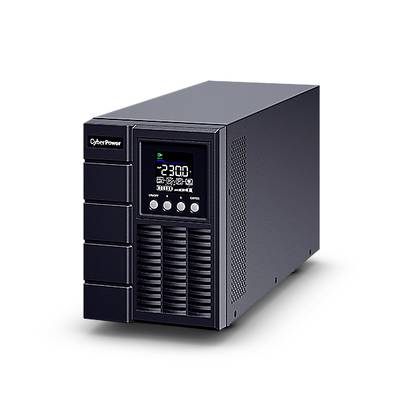 Dispositivo UPS 'CyberPower' con display che mostra la tensione di ingresso a 230V, la tensione di uscita, lo stato di carica e la modalità. Involucro nero rettangolare.
