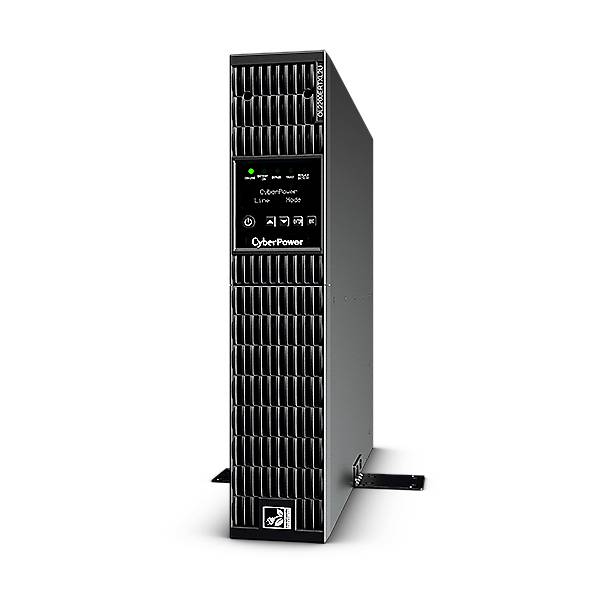 'UPS di CyberPower con involucro nero e display LED frontale, che mostra informazioni operative e simboli.'