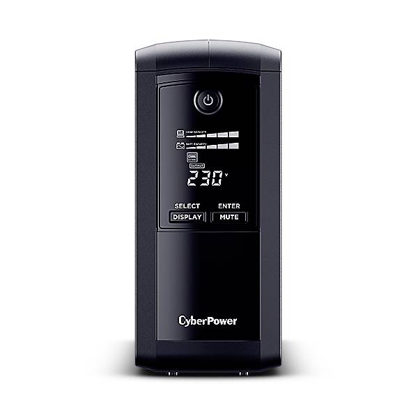 Un dispositivo UPS nero di CyberPower con display digitale che mostra '230V'. Sono visibili i tasti 'Select', 'Display' e 'Mute'.