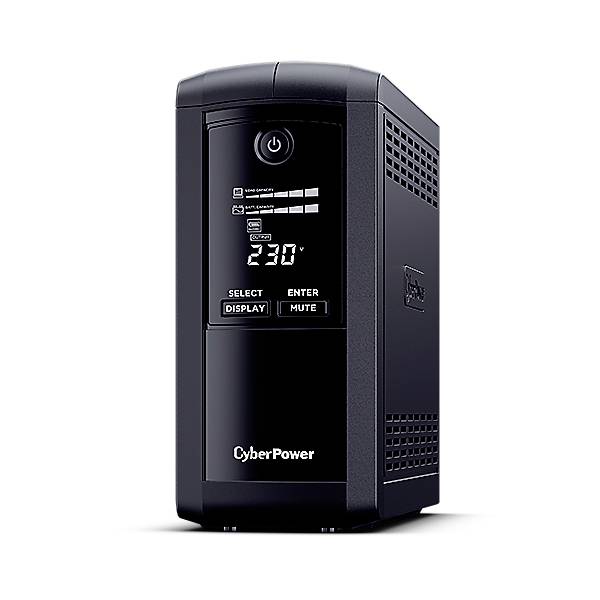 Gruppo di continuità (UPS) nero della marca CyberPower con display e comandi, adatto per computer e server.