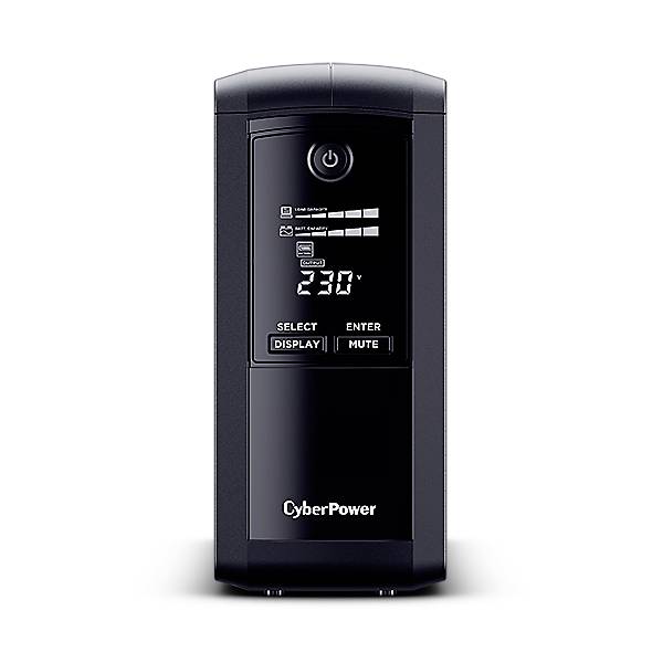 Un'alimentazione ininterrotta di CyberPower con display digitale mostra l'attuale valore di tensione di 230 volt.