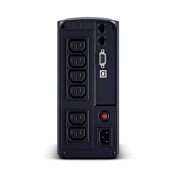 Un dispositivo nero con più prese elettriche e connessioni sul retro, tra cui porte LAN e una porta USB.