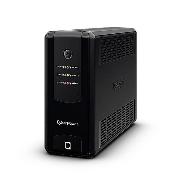 Unità UPS 'CyberPower' con indicatori luminosi, che mostrano lo stato operativo e la funzione per l'alimentazione elettrica ininterrotta.
