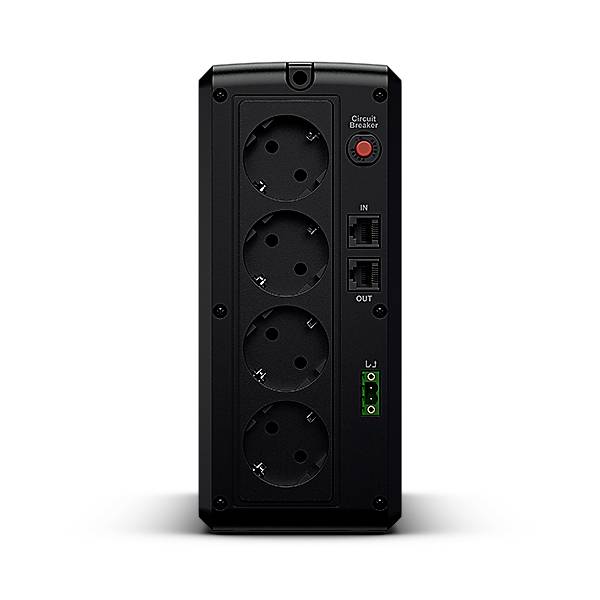 Retro di un'unità di alimentazione ininterrotta (UPS) di colore nero con quattro prese elettriche e connessioni di rete, accanto a un interruttore di protezione rosso, offre opportunità di collegamento.
