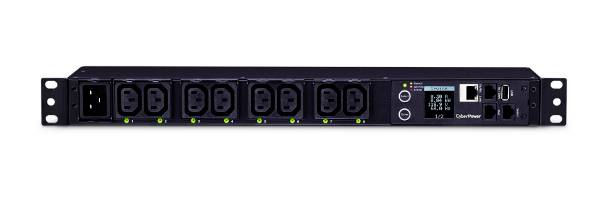 Un distributore di alimentazione nero con otto prese e un display digitale, idoneo per rack server.