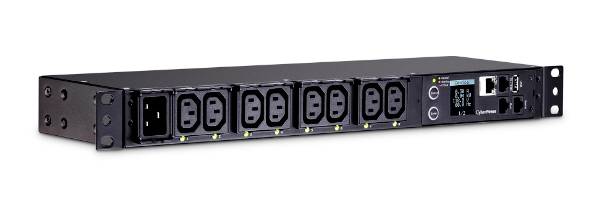 Distributore di alimentazione rack con multiple prese e display digitali. Utilizzato per la distribuzione di energia in infrastrutture IT.